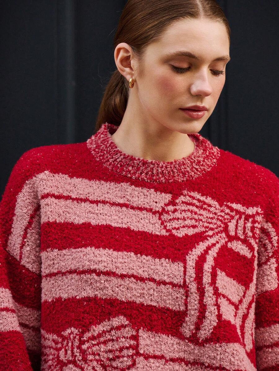 lacRébo Red And Pink Striped Loose-Fit Knit Sweater With Bow Jacquard Red  New Year Going Out Winter - Multicolor - View 1