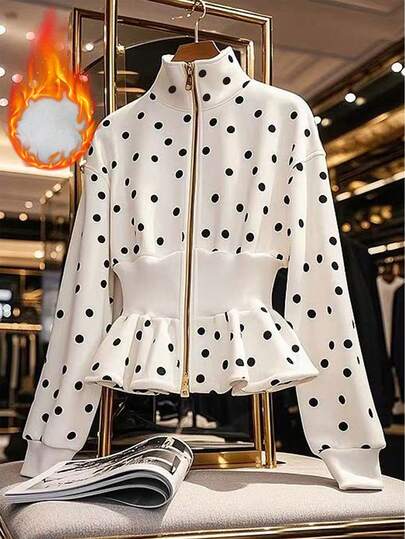 GlowEve CURVE 大码女式波尔卡圆点印花落肩长袖拉链荷叶边下摆运动衫