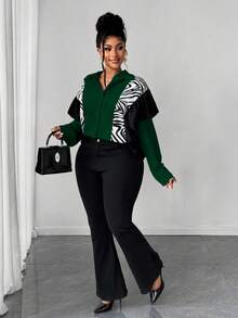 Maweii Plus Size Women's Patchwork Zebra Print Ruffle Hem Loose Fashion Blouse - Green - View 5