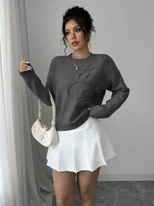Elenzga Sweater Pullover Wanita Kerah Bulat Motif Bunga Warna Polos - Dark Grey - View 6