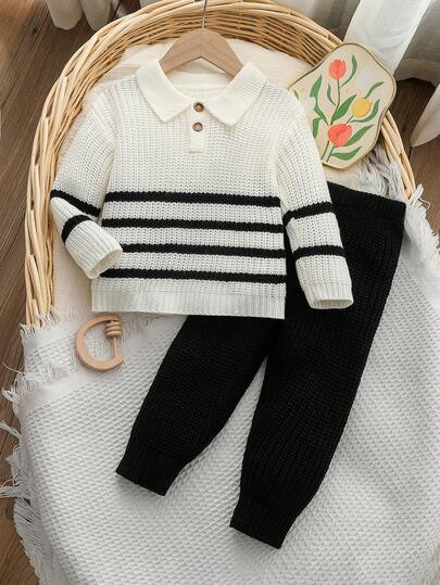Toddler Boys' Sweater Set, Black & White Striped Knit Pullover With Collar, 2-Piece Outfit, Preppy, Navy Style, Loose Fit, Suitable For Home, Outings, Vacation, Christmas, Halloween, New Year Parties, Autumn/Winter, Thick, Soft, Comfortable, Warm