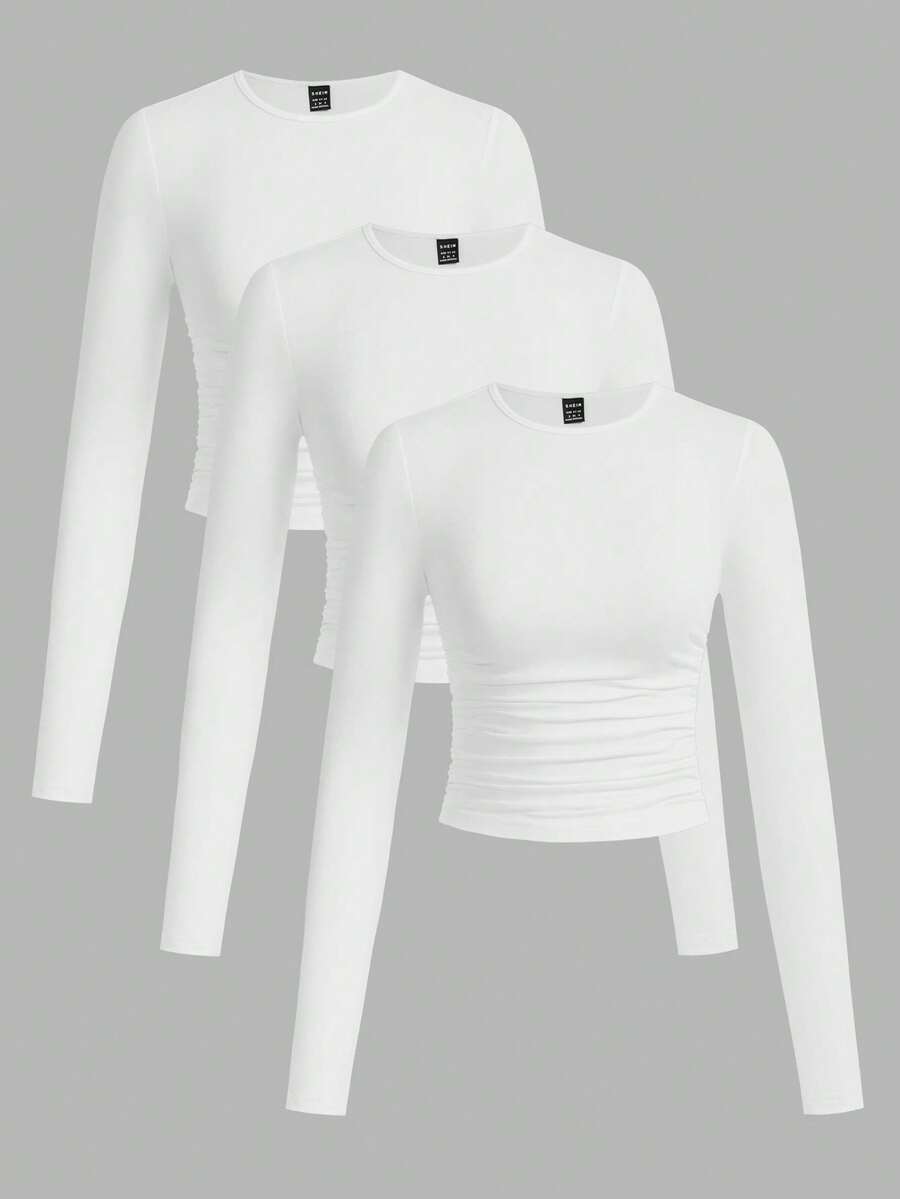 SHEIN EZwear 3件套女士休闲纯色圆领褶皱长袖T恤，秋冬季 - 白色 - 查看 1
