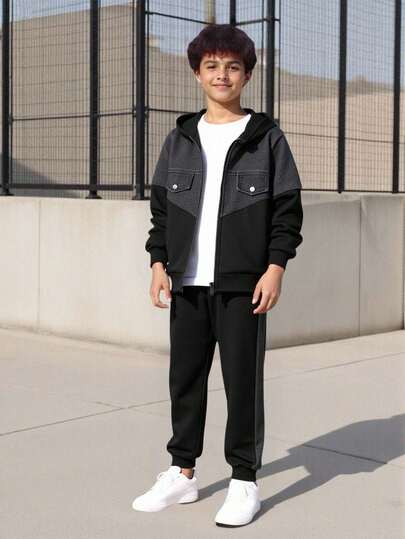 SHEIN Explorewe 两件套男童/青少年男童拼接卫衣套装，时尚休闲设计，独特风格，彰显活力个性，适合春、秋、冬季户外活动，正宗牛仔水洗工艺