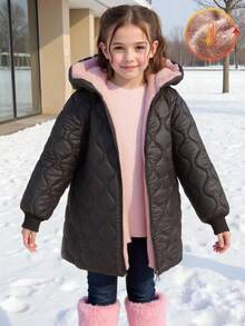 SHEIN Genkimix Kids 女童拉鍊連帽毛絨內裡加厚外套，女童冬季保暖夾克，黑色，保暖內裡 - 黑色 - 查看 7