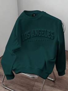 Manfinity Joysei Stylish Men's Green Long Sleeve Sweatshirt Knitted Fabric With Los Angeles California Embossed Detail Regular Fit