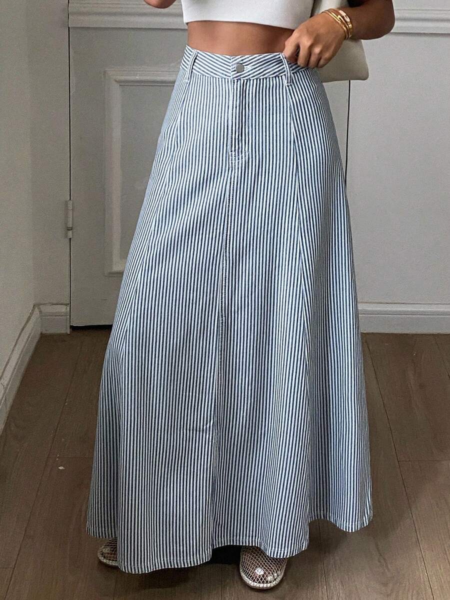 DAZY Women's Casual Commuting Striped Long Denim Skirt Jeans Skirt - Light Grey - View 1
