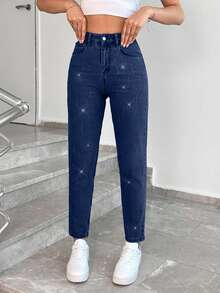 EURMUSE 100%Cotton HIGH WAIST MOM CUT DIAMOND DETAILED BLUE JEAN ,Petite Women - Dark Wash - View 4