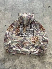 AXEPEAK Casual Loose Short Camo & Leopard Print Zip-Up Hooded Sweatshirt, Plus Size, Long Sleeve Top - Army Green - View 2