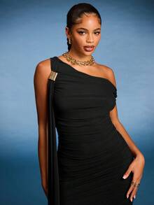Normani Robe mi-longue élégante pour femmes, coupe ajustée, col asymétrique, froncée, de couleur unie - Noir - Voir 3