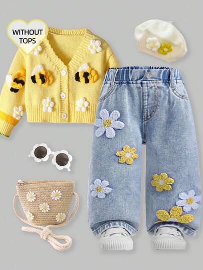 SHEIN Baby/Spädbarn flickor moderiktiga snöflinge- och slitna broderade utsvängda byxor