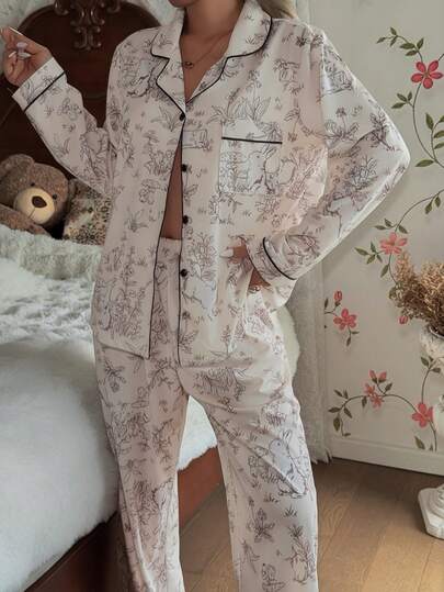 CottageSlumber Conjunto de pijama casual con estampado floral para mujer, adecuado para vacaciones y ropa de invierno