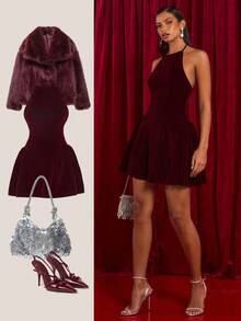 Glamine 优雅简约勃艮第红针织无袖褶饰女式连衣裙，适合宴会、茶会