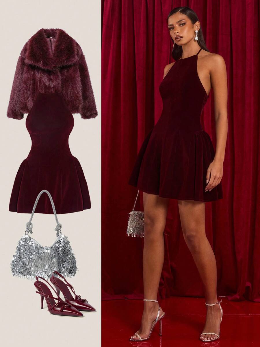 Glamine 优雅简约勃艮第红针织无袖褶饰女式连衣裙，适合宴会、茶会