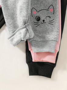 SHEIN Playful Pals 3件套女婴可爱猫咪印花舒适针织裤，秋冬季 - 彩色 - 查看 5