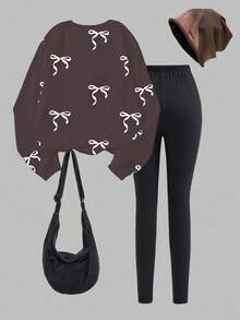 SHEIN Teen Girls' Brown Digital Print White Bow Crew Neck Sweatshirt & Black Skinny Pants Set, Comfortable Fitted, Autumn/Winter - Coffee Brown - View 2