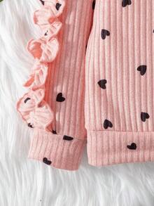 SHEIN Young Girl Casual Ruffle Trim & Heart Print Round Neck T-Shirt And Bow Decor Long Pants Set - Multicolor - View 3