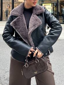 NegzBox 女式黑色 PU 皮革复合仿兔毛领夹克 - 黑色 - 查看 3