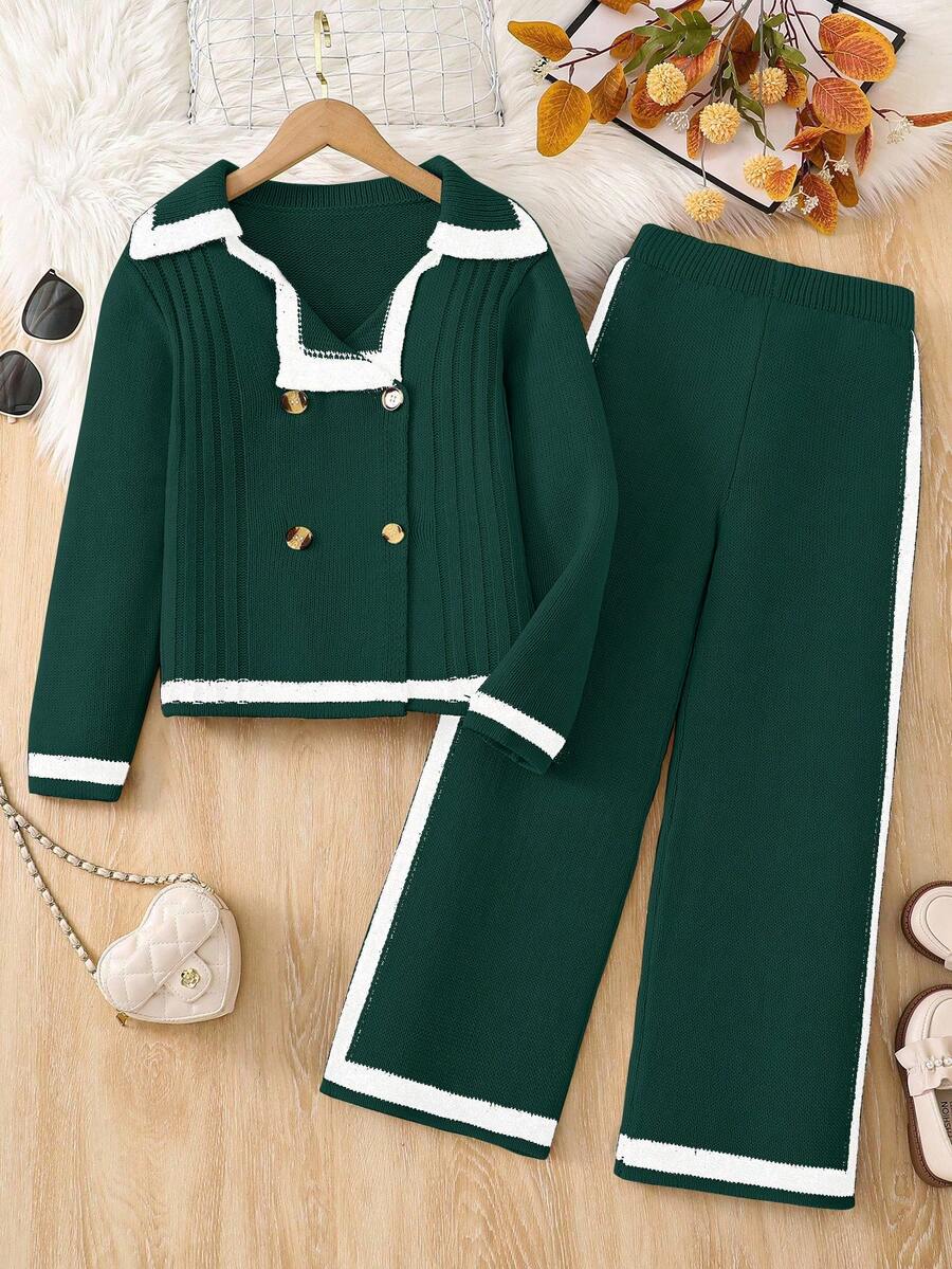 SHEIN 2 件套女童毛衣套装,适合秋冬,上衣采用时尚拼色饰边和双排扣领设计,杏色 V 领开衫搭配同色阔腿裤,休闲韩版风格适合日常、购物、户外、学校和其他场合 - 綠色 - 查看 1