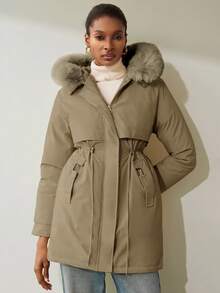 Aveloria Modichic Áo khoác nữ mùa đông cổ lông giả có mũ trùm đầu, màu trơn, có dây rút, thắt lưng, đệm lót - Màu Khaki - Xem 4