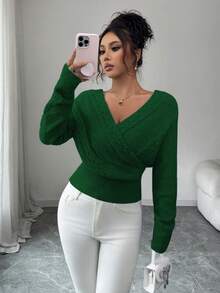 SHEIN Elenzya 女士纯色简约长袖V领露背毛衣，日常穿着 - 綠色 - 查看 5
