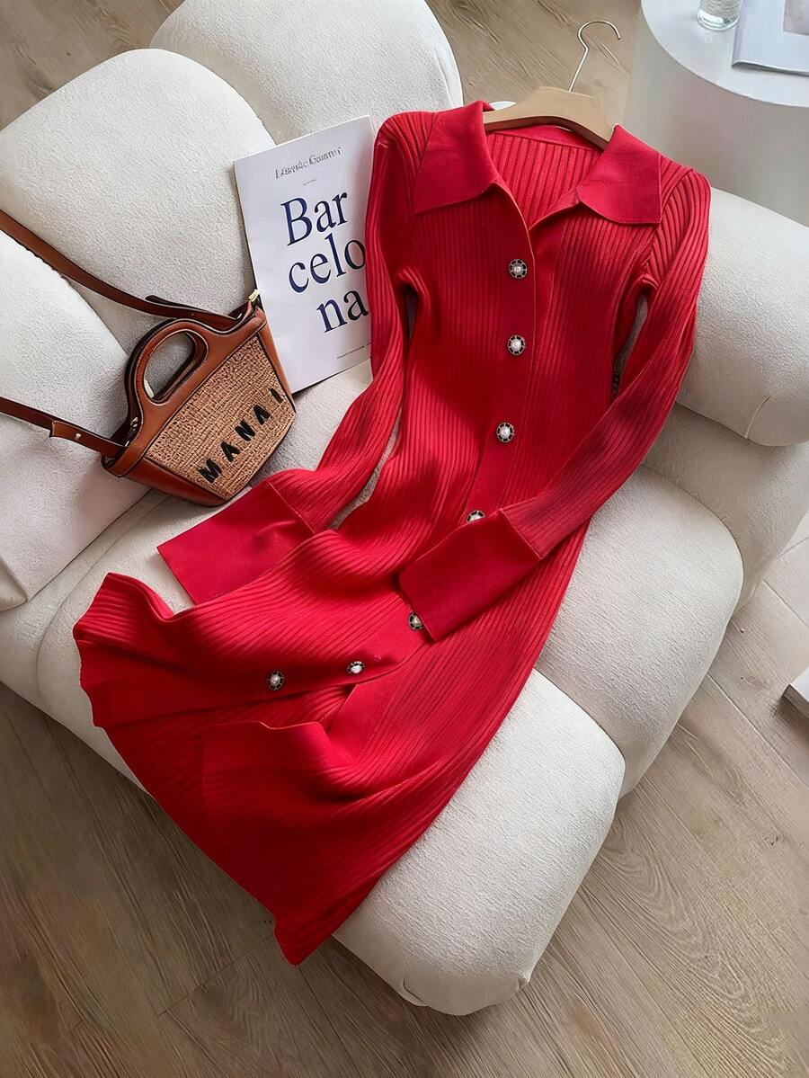 GlowEve Elegant Knitted Textured Red Midi Dress With Metal Button Decor, Sophisticated & Graceful, Autumn/Winter - Red - View 1