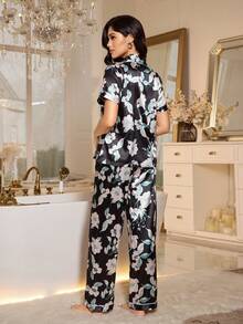 LuxeNights Floral Print Faux Silk Lapel Short Sleeve Pajama Set For Women Floral Pajama Set Sleep Wear Women 2 Piece Set - Black - View 2