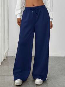 SHEIN EZwear 女士休闲纯色抽绳腰带运动裤 - 藏蓝色 - 查看 6