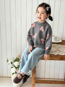 SHEIN 女童休闲心形图案套头毛衣 - 灰色 - 查看 7