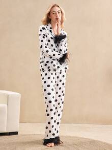 EverLounge Elegant Polka Dot Fringed Soft Luxurious Ladies Pajama Set - Multicolor - View 3
