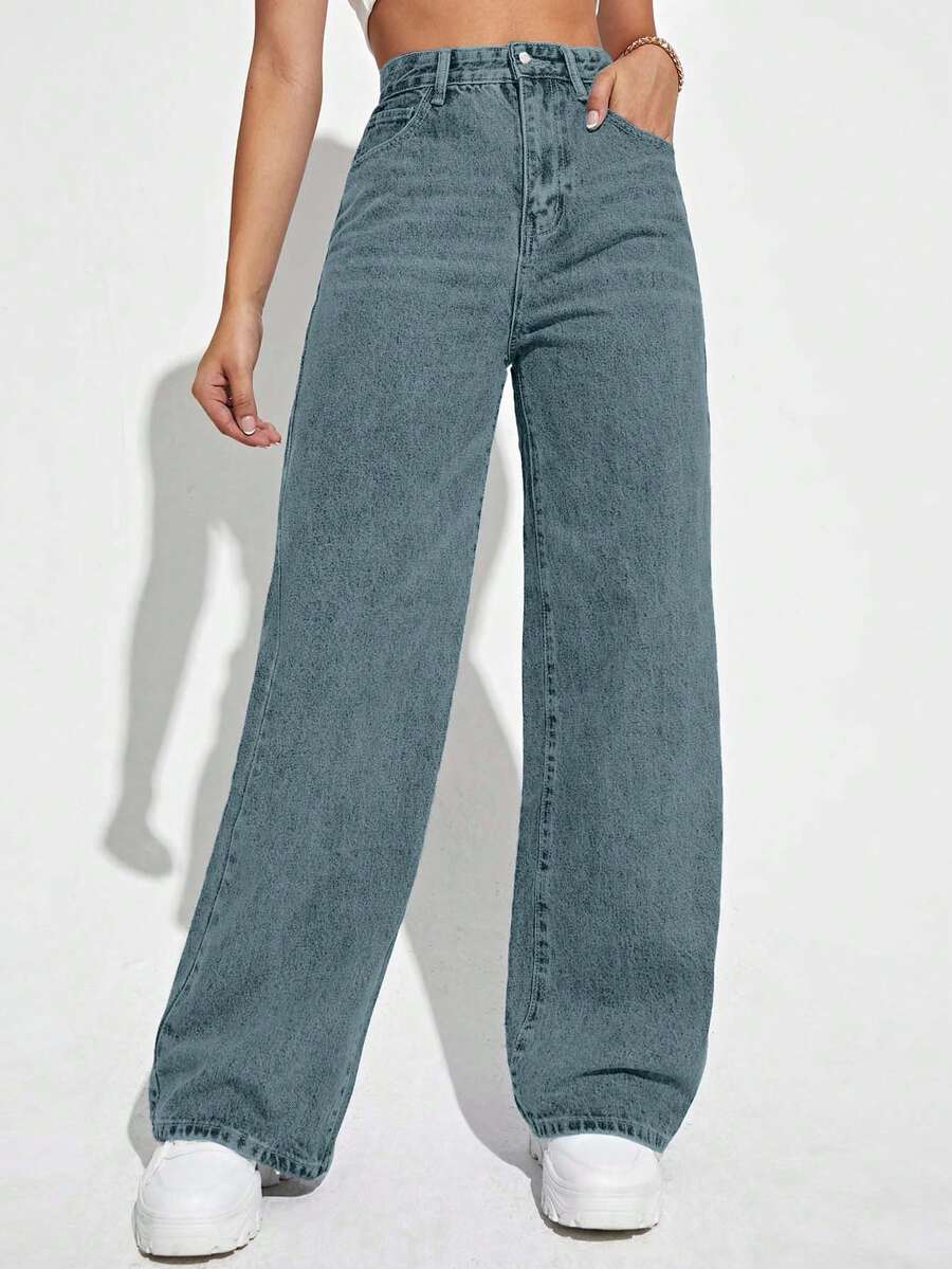 EURMUSE Quần jeans ống rộng cạp cao đơn giản, tối giản, màu trơn dành cho nữ - Rửa nhẹ - Xem 1