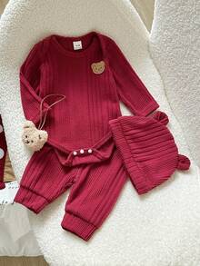 3件套男婴可爱小熊印花按扣裆长袖连体衣、松紧腰红色裤子+可爱帽子，舒适秋冬套装 - 紅色 - 查看 3