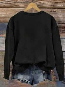 EMERY ROSE 复古圣诞超大落肩休闲卫衣、圣诞树卫衣、节日卫衣、女士圣诞节卫衣、圣诞季卫衣、圣诞老人卫衣、姜饼人卫衣、圣诞礼物卫衣 - 黑色 - 查看 2