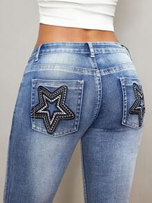 SHEIN Tall 高腰刺绣水钻水洗喇叭牛仔裤 - 中等水洗藍 - 查看 2