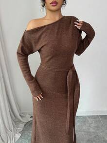 Modelyn Women's Autumn/Winter Fashion Oblique Shoulder Sexy Casual Mid-Length Dress - Coffee - View 6
