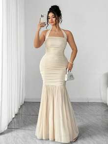 Elenzga 大码女式复古法式秋季针织弹力网纱腰部褶皱修身长裙，适合秋冬季节、返校季、毕业典礼、情人节、圣诞节、音乐节、母亲节、万圣节、感恩节、复活节、国庆节、舞会、约会派对、婚礼季、返校季、户外活动等场合。 - 杏色 - 查看 6