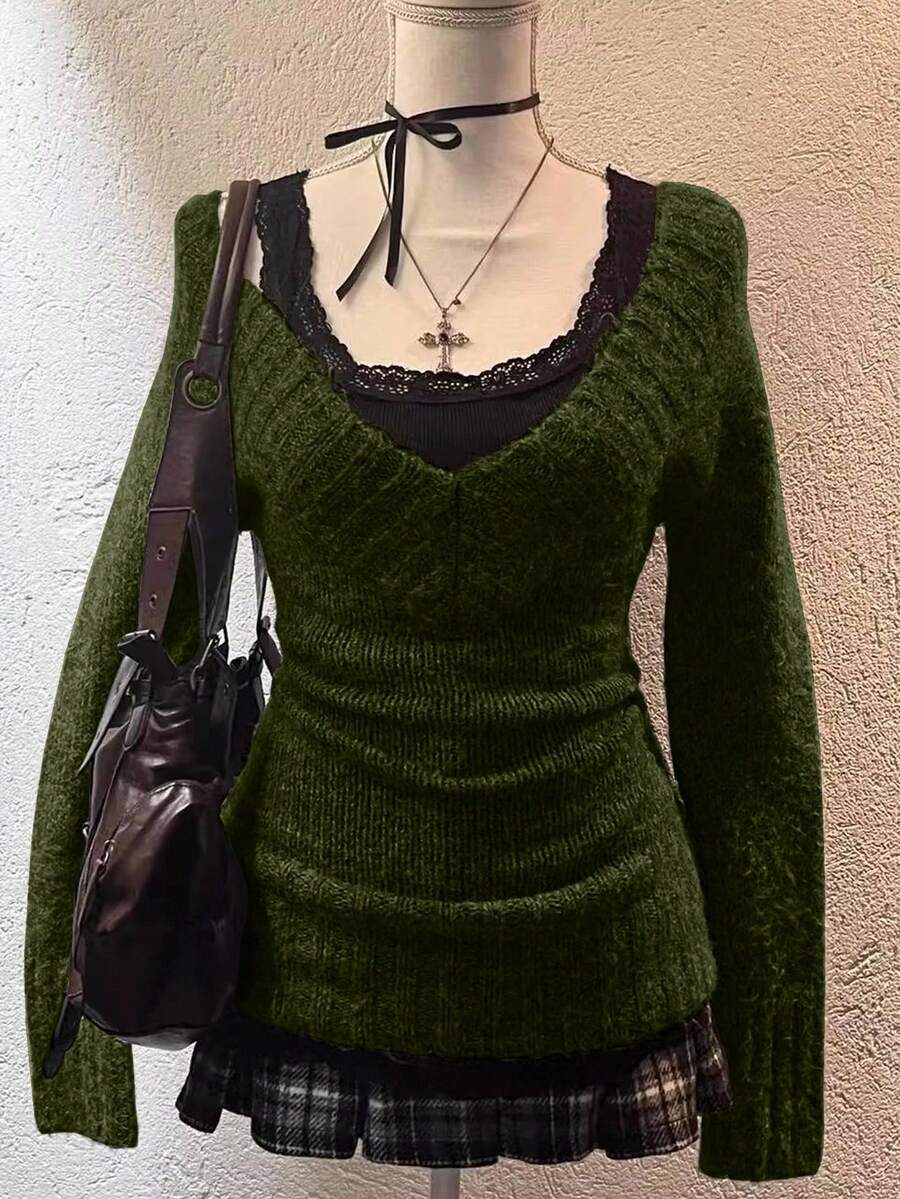 Attitoon Women's Casual V-Neck Fitted Sweater, Suitable For Autumn/Winter, Y2K, Vintage Style, Olive Green - Army Green - View 1