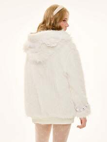 ROMWE Kawaii Women's Cute & Sweet Cat Ear Bow Fuzzy Cardigan Sweater - Beige - View 3