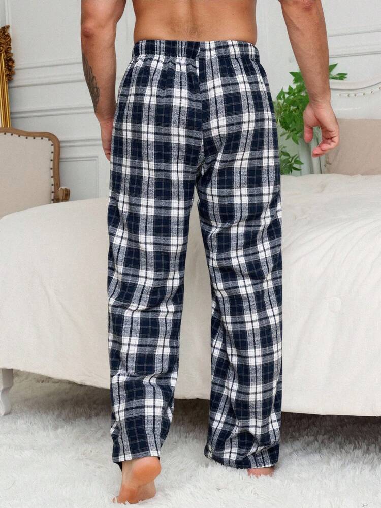 Men's Blue Plaid Elastic Waist Lounge Pants, Autumn, Winter