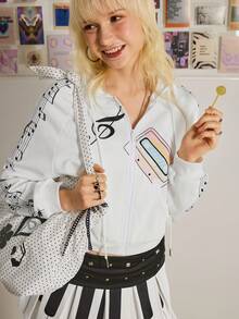 Shutterstock Y2Kool 女款冬季新年白色Y2K风格钢琴乐谱爱心印花性感露脐连帽衫复古辣妹音乐衬衫演唱会上衣音符80年代主题女式外套Y2K可爱休闲动漫 - 白色 - 查看 2