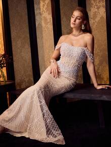 MOTF 女士优雅露肩珍珠点缀闪亮串珠曳地晚礼服——系带露背修身鱼尾裙摆，饰以闪耀亮片，完美适用于正式场合、盛会和婚礼 | 搭配吸睛珠宝和细带高跟鞋 - 香檳色 - 查看 2