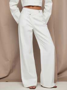 SHEIN BAE Quần jean ống rộng dáng rộng đơn giản, nhiều màu, dáng suông, cạp chun, thời trang đường phố dành cho nữ - trắng - Xem 3