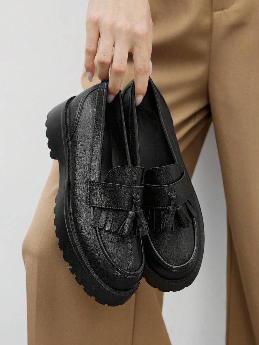 CUCCOO BIZCHIC 女士休闲厚底乐福鞋，舒适百搭，适合日常通勤和上学穿着。 - 黑色 - 查看 1