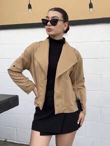 Andrea Bello 女士休闲通勤短款夹克，独特设计复古翻领风衣轻薄外套 - 卡其色 - 查看 5