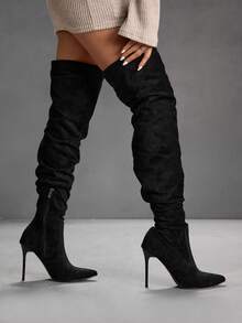 CUCCOO SZL Botas de tacón de aguja sexy y con puntera puntiaguda para mujer, botas negras de estilo sobre la rodilla de fácil puesta