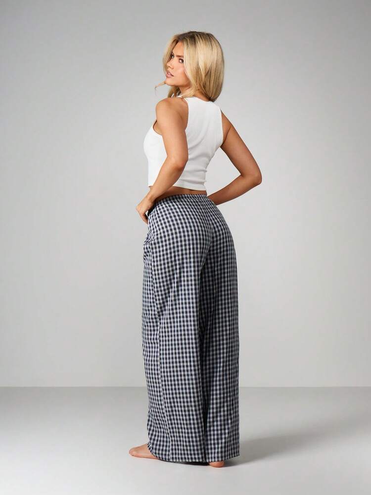 MISSGUIDED Ribbed Tank Top And Gingham Check Wide Leg Palazzo Pants Two Piece Lounge Set Comfortable Sleepwear Coordinated Outfit