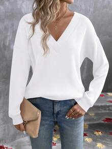 SHEIN 休闲纯色落肩宽松T恤，秋季 - 白色 - 查看 4