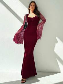 Firerie 哥特风优雅性感派对黑色甜心领蕾丝喇叭袖天鹅绒鱼尾连衣裙，适合万圣节、秋冬季节穿着。 - 酒紅色 - 查看 4