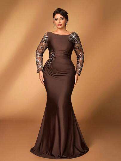 Serin Vestido de sirena de manga larga con diseño de aplicaciones, hecho de satén elástico con parches de encaje bordado elegante y lujoso, adecuado para bodas, fiestas, vacaciones, bailes, vestidos formales de la madre de la novia