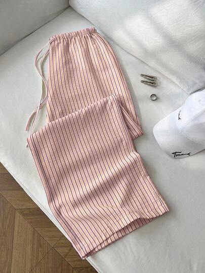 SHEIN PETITE 1pc Women's Yellow Striped Casual Pants, Bubble Crinkle Fabric, Super Low Waist With Drawstring, Relaxed Straight Leg, Casual & Romantic