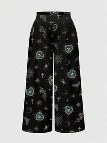 ROMWE Goth 大码哥特风心形、太阳、月亮、星星、十字架、泪滴、眼睛宝石印花宽松阔腿裤 - 黑色 - 查看 1